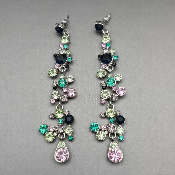 VTG Crystal Drop Dangle Statement Earrings 3.5" Multicolor Glass Silver Tone - Picture 1 of 4